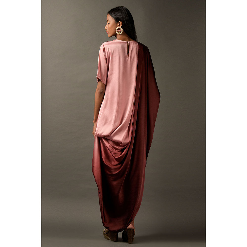 "Two Sisters" by Gyans Pink & Maroon Ombre Satin Embroidered Dress