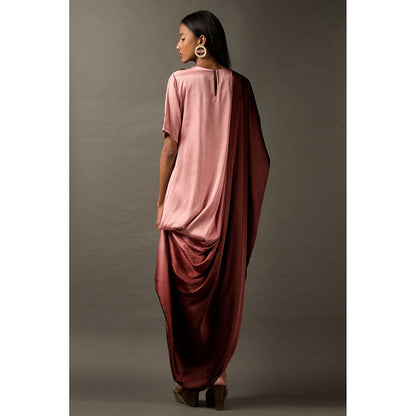 "Two Sisters" by Gyans Pink & Maroon Ombre Satin Embroidered Dress