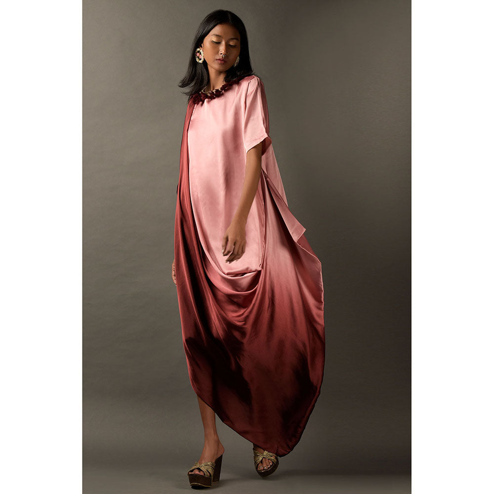 "Two Sisters" by Gyans Pink & Maroon Ombre Satin Embroidered Dress