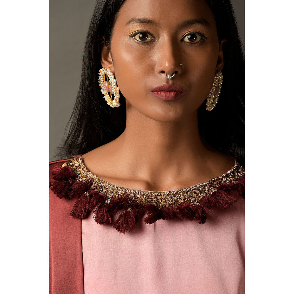 "Two Sisters" by Gyans Pink & Maroon Ombre Satin Embroidered Dress