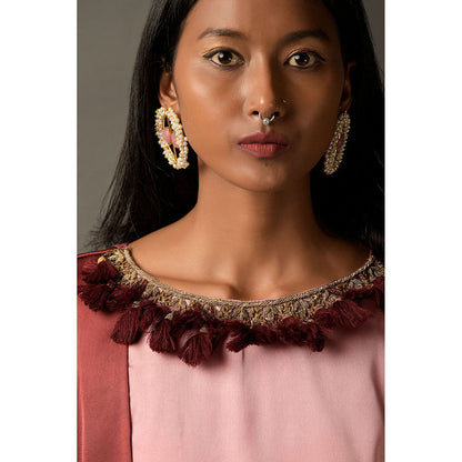 "Two Sisters" by Gyans Pink & Maroon Ombre Satin Embroidered Dress