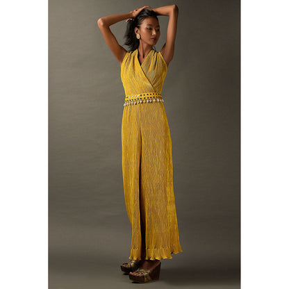"Two Sisters" by Gyans Mustard Yellow Lycra Jumpsuit & Belt (Set of 2)