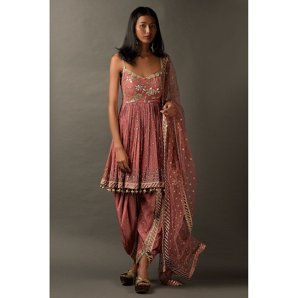 "Two Sisters" by Gyans Pink Peplum Kurta with Dhoti Pant & Dupatta (Set of 3)