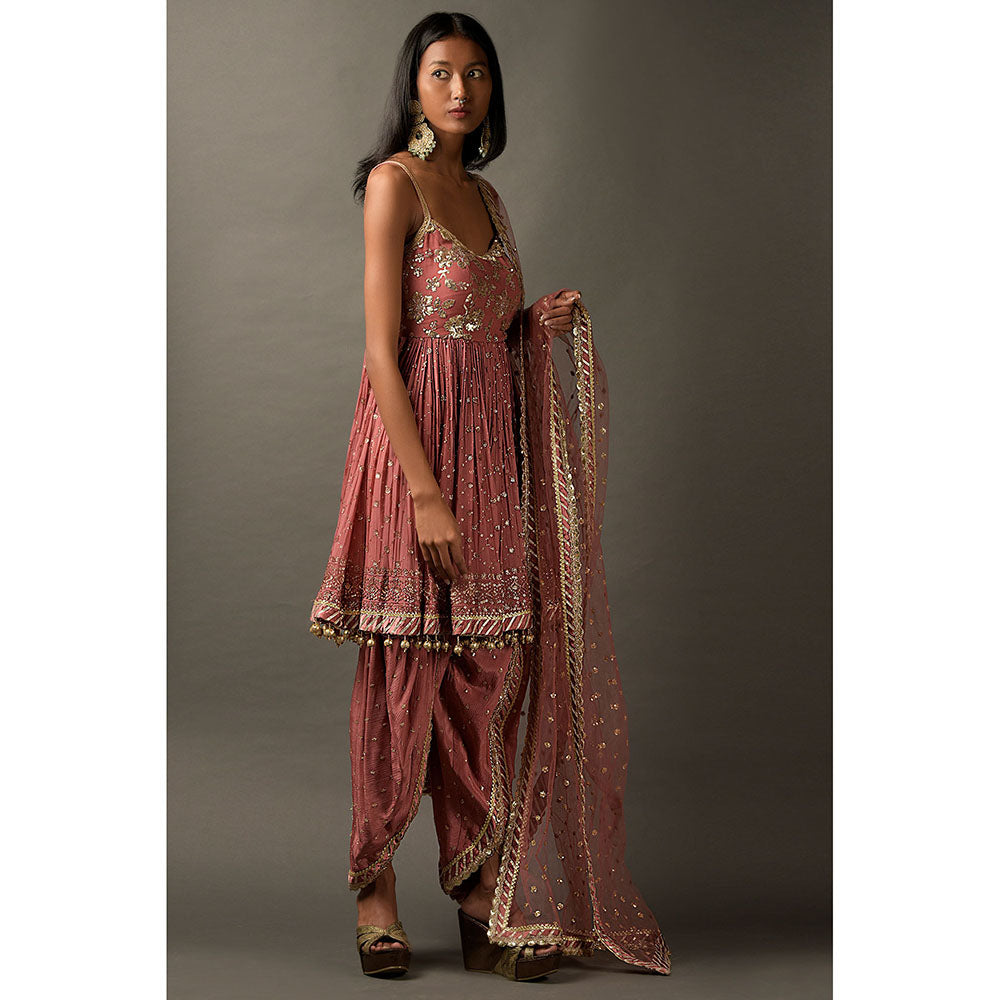 "Two Sisters" by Gyans Pink Peplum Kurta with Dhoti Pant & Dupatta (Set of 3)