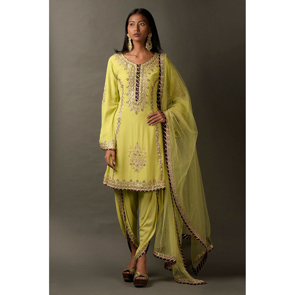"Two Sisters" by Gyans Lime Green Kurta with Dhoti Pant & Dupatta (Set of 3)
