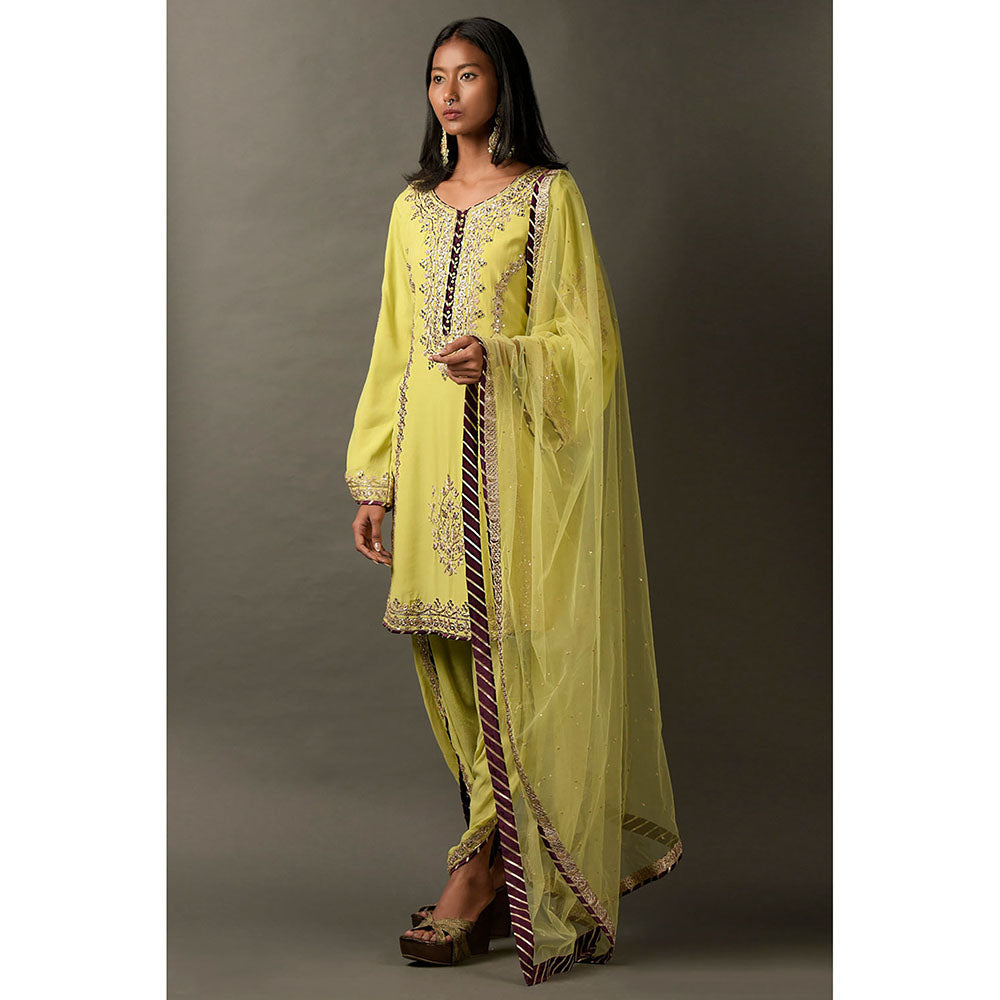 "Two Sisters" by Gyans Lime Green Kurta with Dhoti Pant & Dupatta (Set of 3)