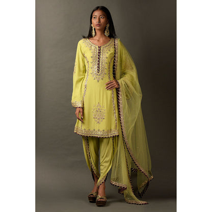 "Two Sisters" by Gyans Lime Green Kurta with Dhoti Pant & Dupatta (Set of 3)