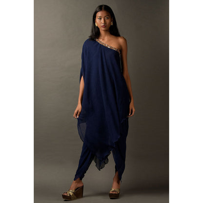 "Two Sisters" by Gyans Navy Blue One Shoulder Kaftan Kurta with Tulip Pant (Set of 2)