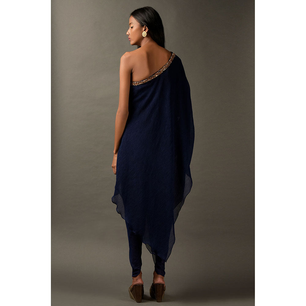 "Two Sisters" by Gyans Navy Blue One Shoulder Kaftan Kurta with Tulip Pant (Set of 2)