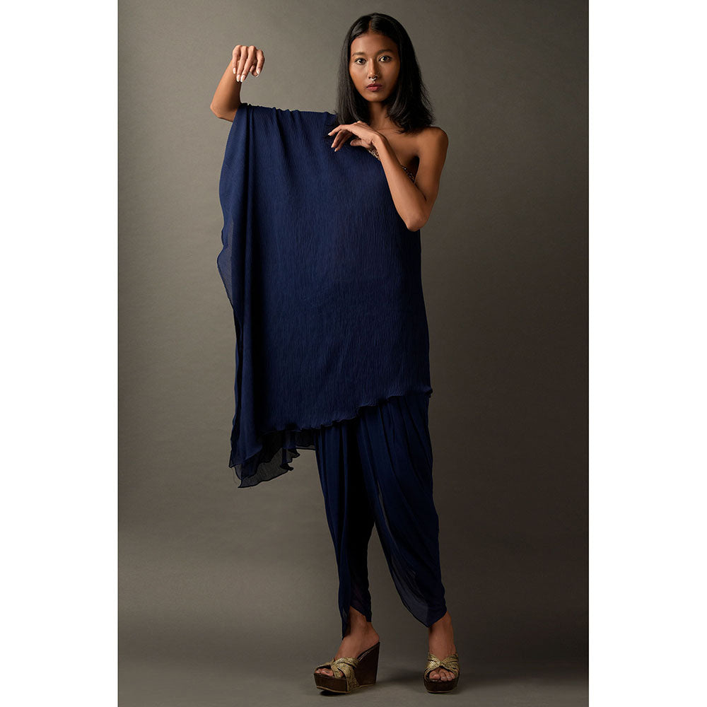 "Two Sisters" by Gyans Navy Blue One Shoulder Kaftan Kurta with Tulip Pant (Set of 2)
