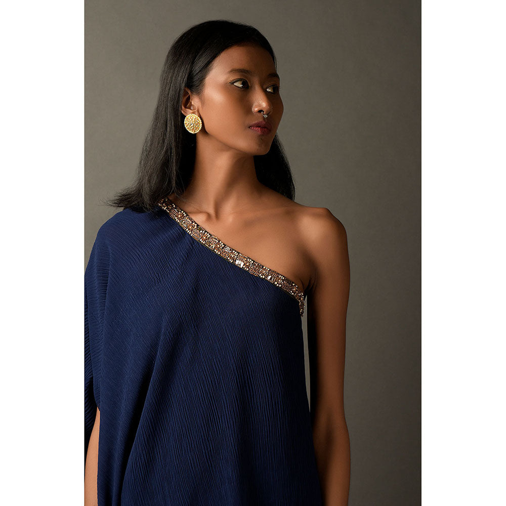"Two Sisters" by Gyans Navy Blue One Shoulder Kaftan Kurta with Tulip Pant (Set of 2)