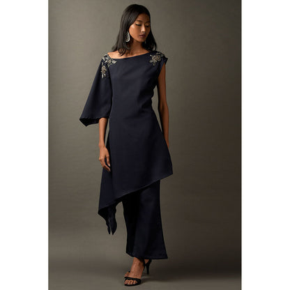 "Two Sisters" by Gyans Navy Blue Lycra Embroidered Co-Ord (Set of 2)