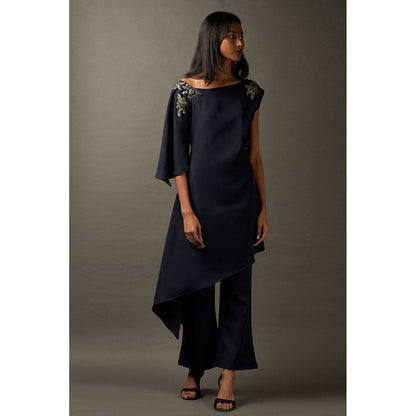 "Two Sisters" by Gyans Navy Blue Lycra Embroidered Co-Ord (Set of 2)