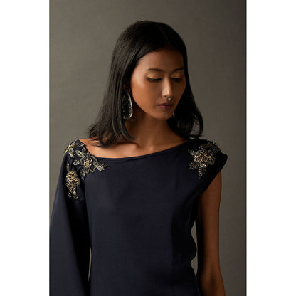 "Two Sisters" by Gyans Navy Blue Lycra Embroidered Co-Ord (Set of 2)