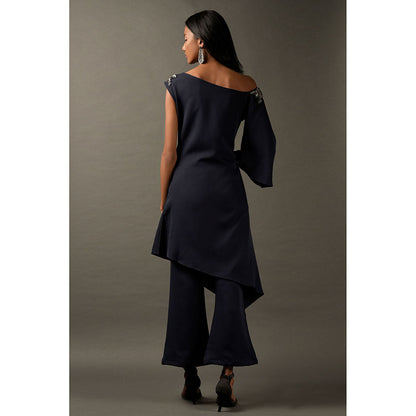 "Two Sisters" by Gyans Navy Blue Lycra Embroidered Co-Ord (Set of 2)