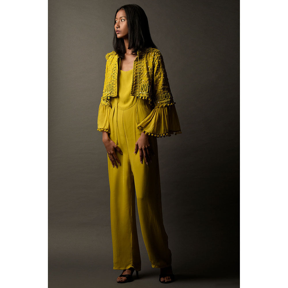 "Two Sisters" by Gyans Mustard Yellow Georgette Jumpsuit with Cape (Set of 2)