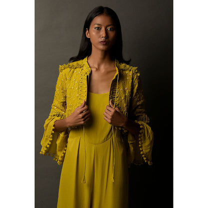 "Two Sisters" by Gyans Mustard Yellow Georgette Jumpsuit with Cape (Set of 2)