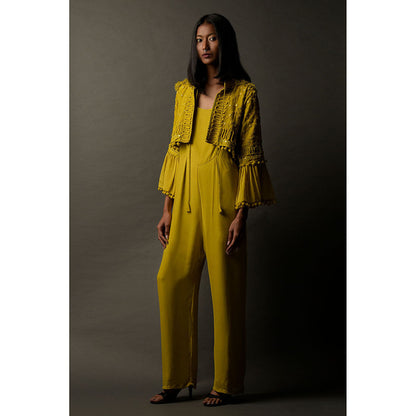 "Two Sisters" by Gyans Mustard Yellow Georgette Jumpsuit with Cape (Set of 2)