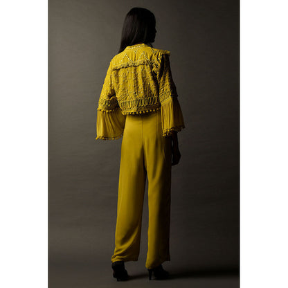 "Two Sisters" by Gyans Mustard Yellow Georgette Jumpsuit with Cape (Set of 2)