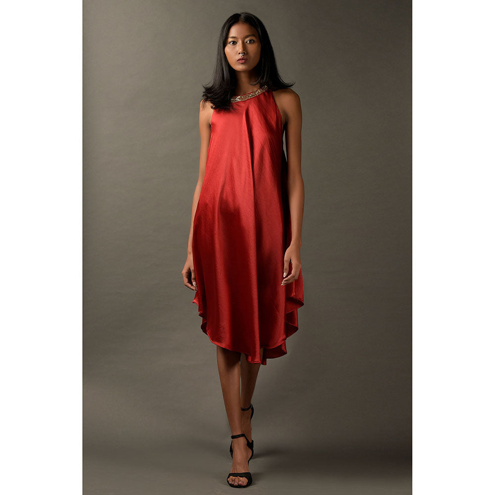 "Two Sisters" by Gyans Red Satin Embroidered Dress