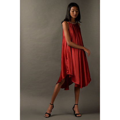 "Two Sisters" by Gyans Red Satin Embroidered Dress