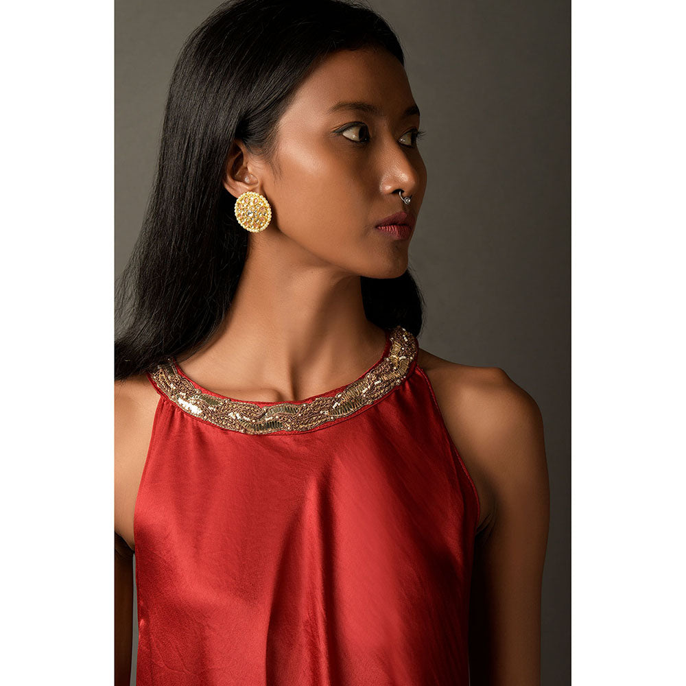 "Two Sisters" by Gyans Red Satin Embroidered Dress