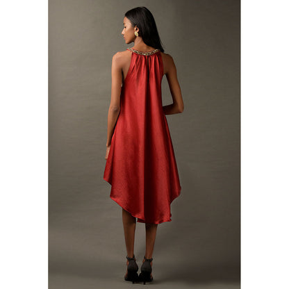 "Two Sisters" by Gyans Red Satin Embroidered Dress