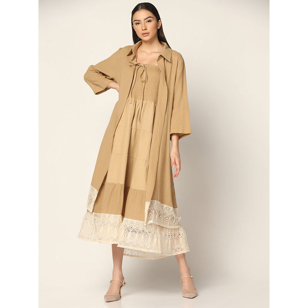 "Two Sisters" by Gyans Beige Midi Dress with A Long Overshirt (Set of 2)