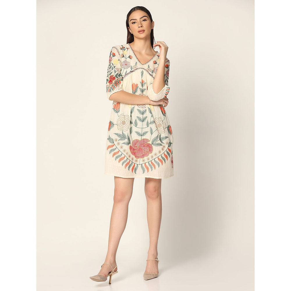 "Two Sisters" by Gyans Off White Cotton Dress with Embroidery