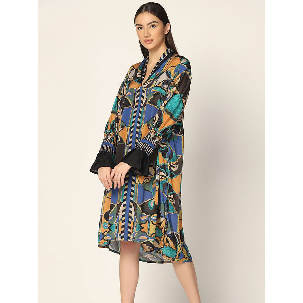 "Two Sisters" by Gyans Blue Water Printed Crepe Dress