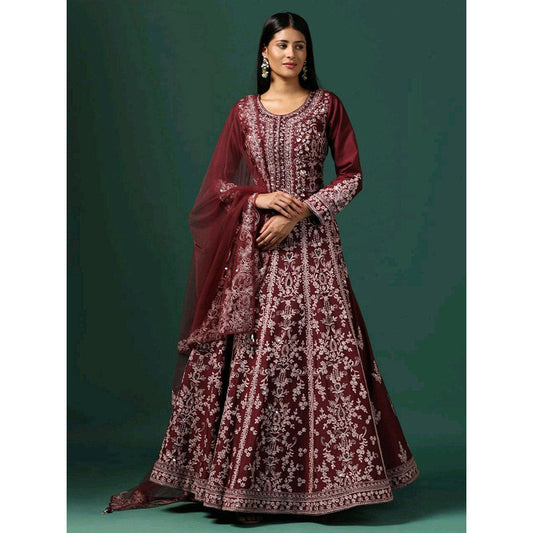 "Two Sisters" by Gyans Maroon Embroidered Anarkali with Dupatta (Set of 2)