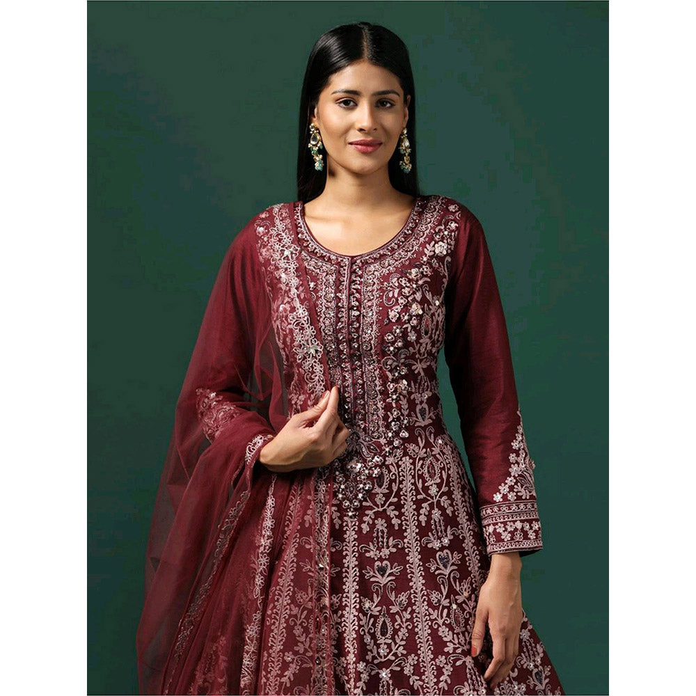 "Two Sisters" by Gyans Maroon Embroidered Anarkali with Dupatta (Set of 2)