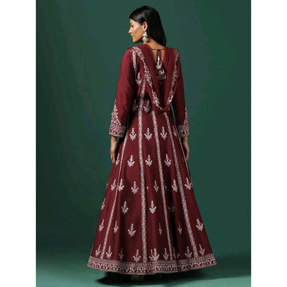 "Two Sisters" by Gyans Maroon Embroidered Anarkali with Dupatta (Set of 2)