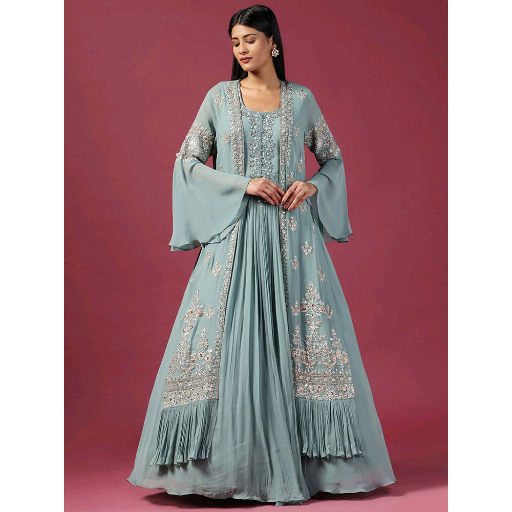 "Two Sisters" by Gyans Sea Green Anarkali with Cape (Set of 2)