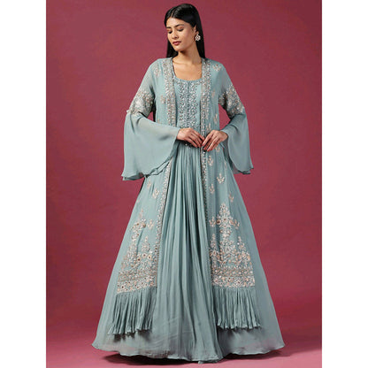 "Two Sisters" by Gyans Sea Green Anarkali with Cape (Set of 2)