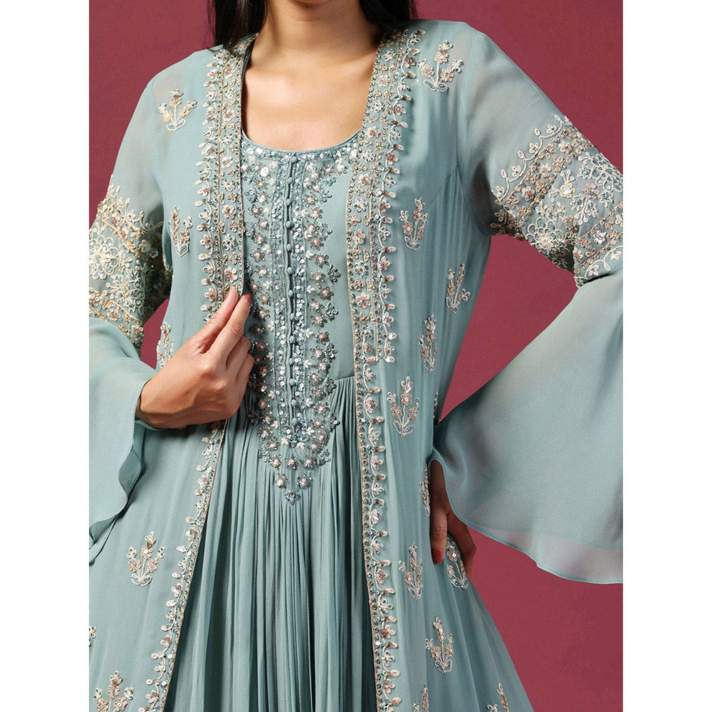 "Two Sisters" by Gyans Sea Green Anarkali with Cape (Set of 2)
