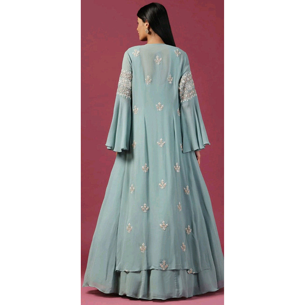 "Two Sisters" by Gyans Sea Green Anarkali with Cape (Set of 2)