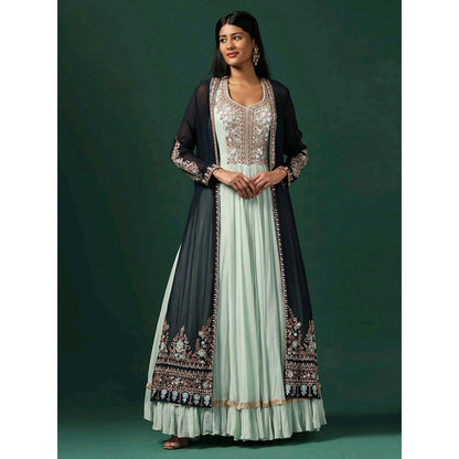 "Two Sisters" by Gyans Sea Green Anarkali with Cape (Set of 2)