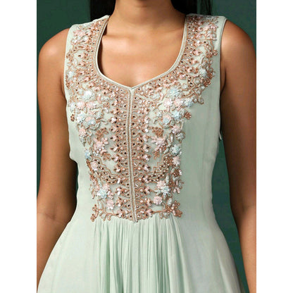 "Two Sisters" by Gyans Sea Green Anarkali with Cape (Set of 2)