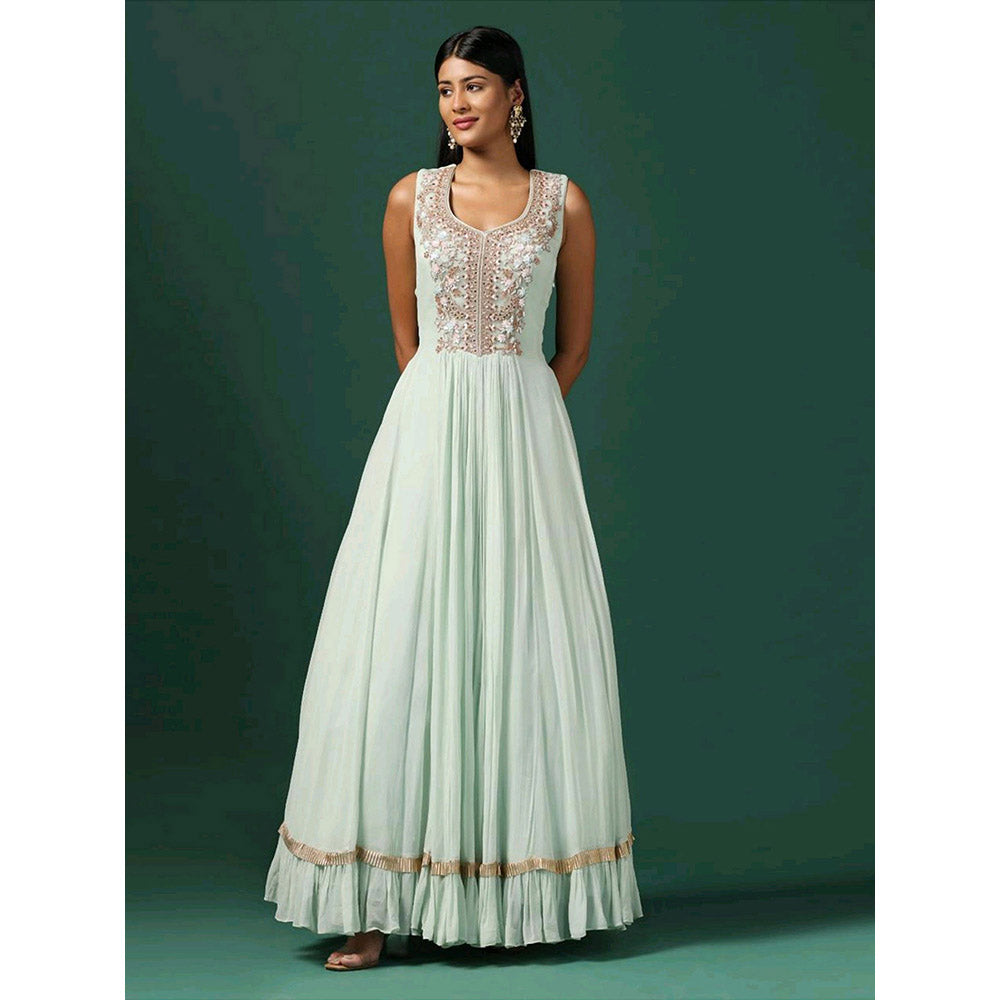 "Two Sisters" by Gyans Sea Green Anarkali with Cape (Set of 2)