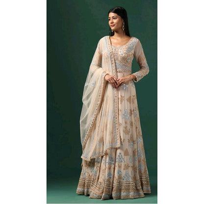 "Two Sisters" by Gyans Beige Embroidered Anarkali with Dupatta (Set of 2)