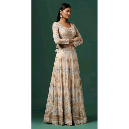 "Two Sisters" by Gyans Beige Embroidered Anarkali with Dupatta (Set of 2)
