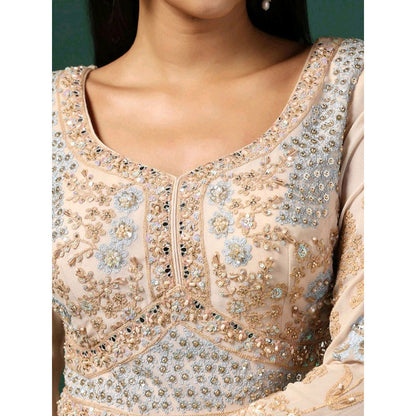 "Two Sisters" by Gyans Beige Embroidered Anarkali with Dupatta (Set of 2)
