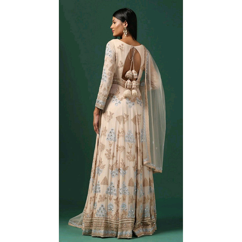 "Two Sisters" by Gyans Beige Embroidered Anarkali with Dupatta (Set of 2)