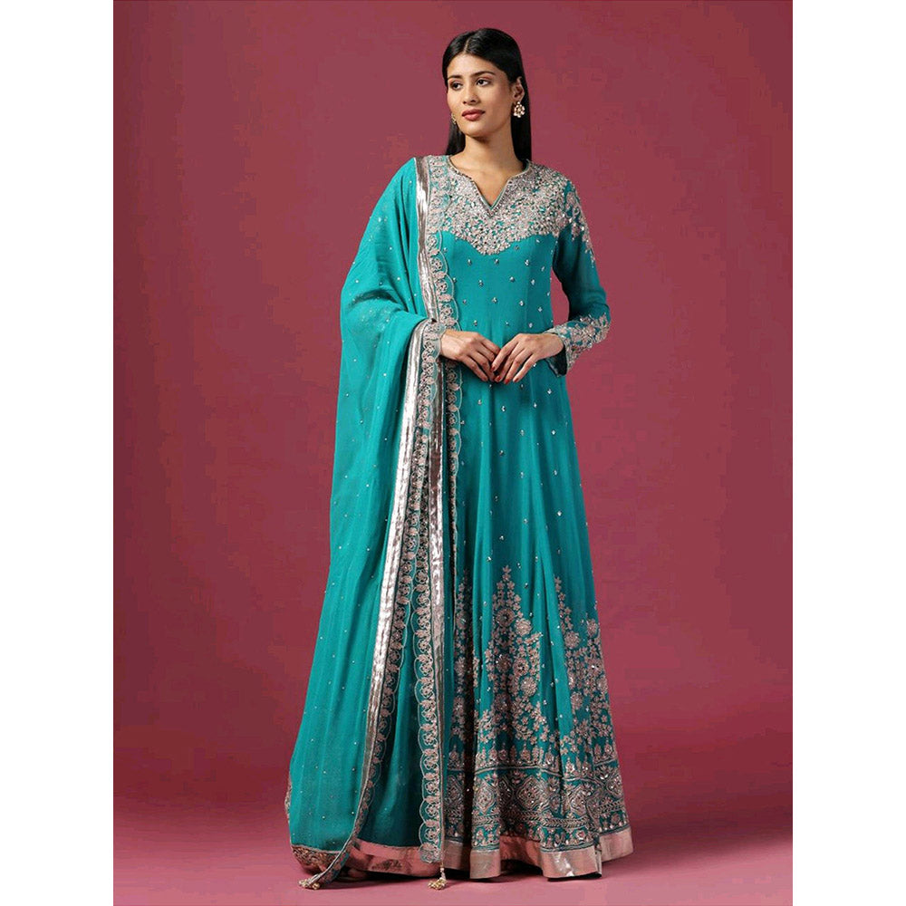 "Two Sisters" by Gyans Turquoise Embroidered Anarkali with Dupatta (Set of 2)