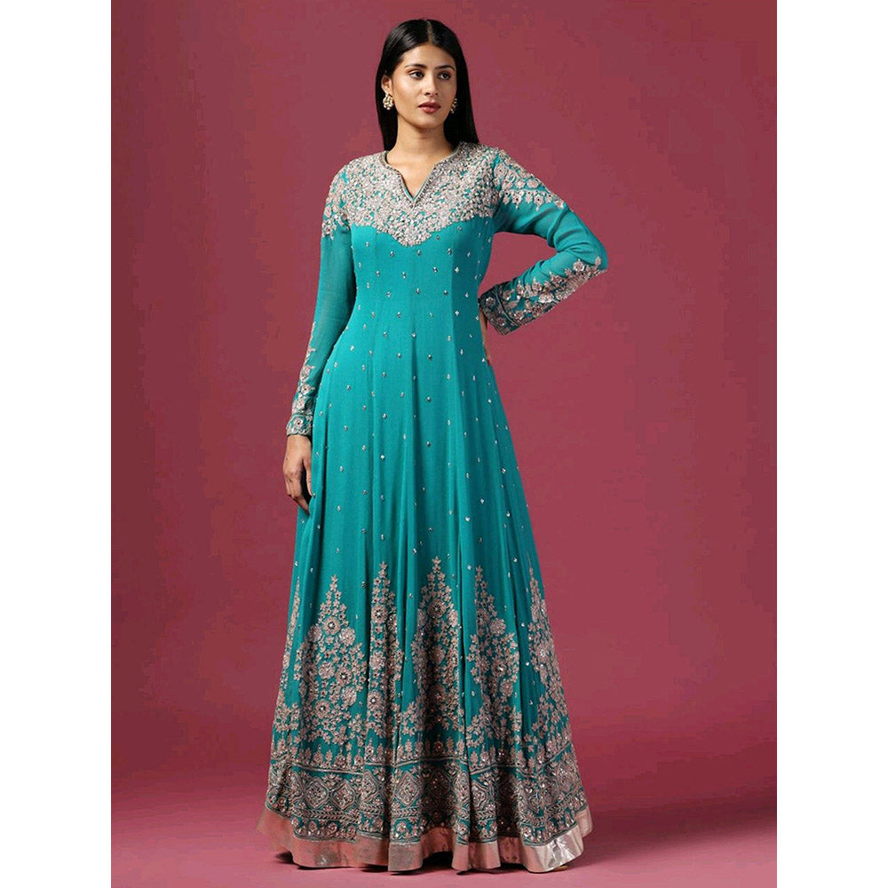 "Two Sisters" by Gyans Turquoise Embroidered Anarkali with Dupatta (Set of 2)