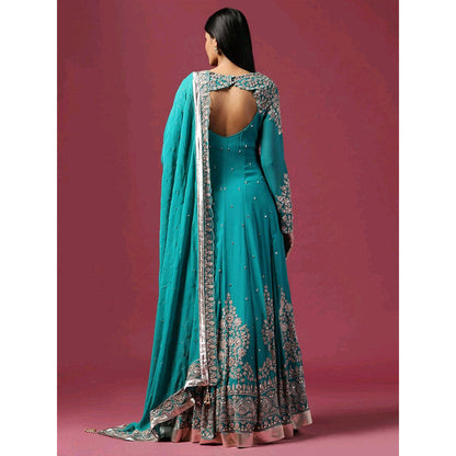 "Two Sisters" by Gyans Turquoise Embroidered Anarkali with Dupatta (Set of 2)