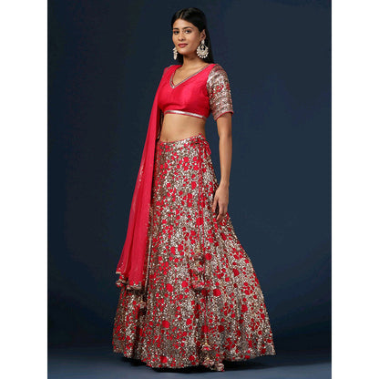 "Two Sisters" by Gyans Rani Pink Embellished Lehenga with Blouse and Dupatta (Set of 3)