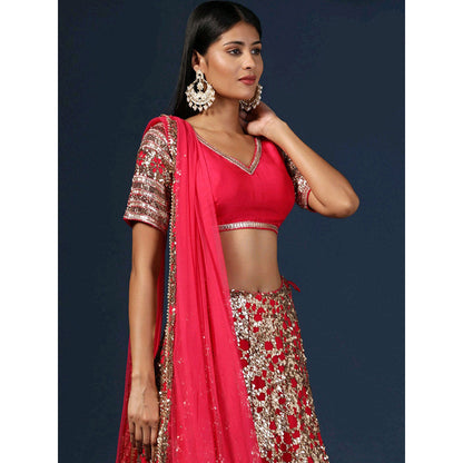 "Two Sisters" by Gyans Rani Pink Embellished Lehenga with Blouse and Dupatta (Set of 3)