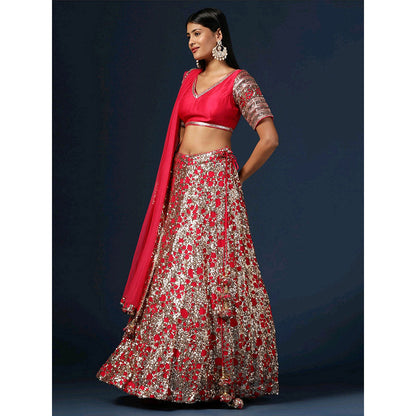 "Two Sisters" by Gyans Rani Pink Embellished Lehenga with Blouse and Dupatta (Set of 3)